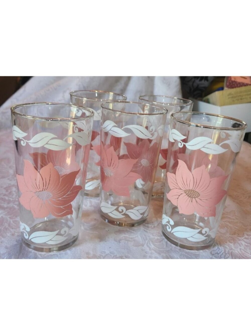 Vintage Pink & White Hibiscus Glass Tumblers Set Of 5 5-Inch Tall Floral Design
